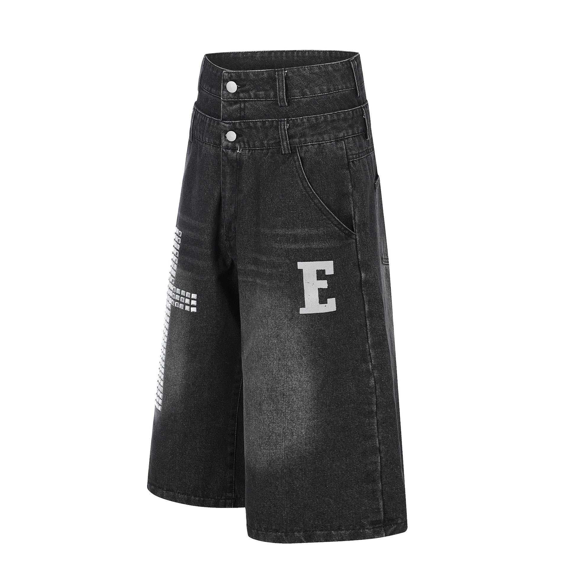 E Letter Cross Rhinestone Denim Shorts - Blue and Black Front