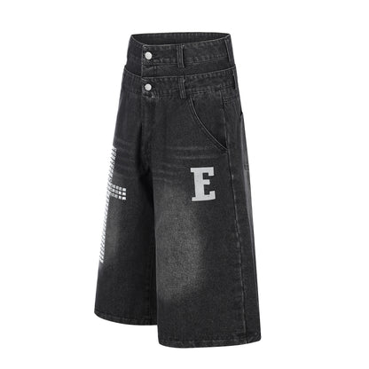 E Letter Cross Rhinestone Denim Shorts Wide Leg High Waist Washed Streetwear Summer Casual Shorts
