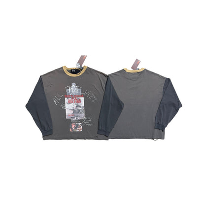 Paly Hollywood Star 80 Color Block Long Sleeve Tee Washed Distressed Vintage Movie Poster Print Contrast Sleeve Streetwear Top | Star 80