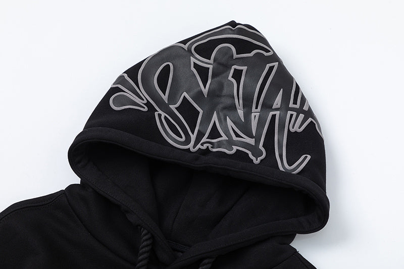 Black graphic hooded sweatshirt and joggers two-piece tracksuit set with outlined hood print - view 20