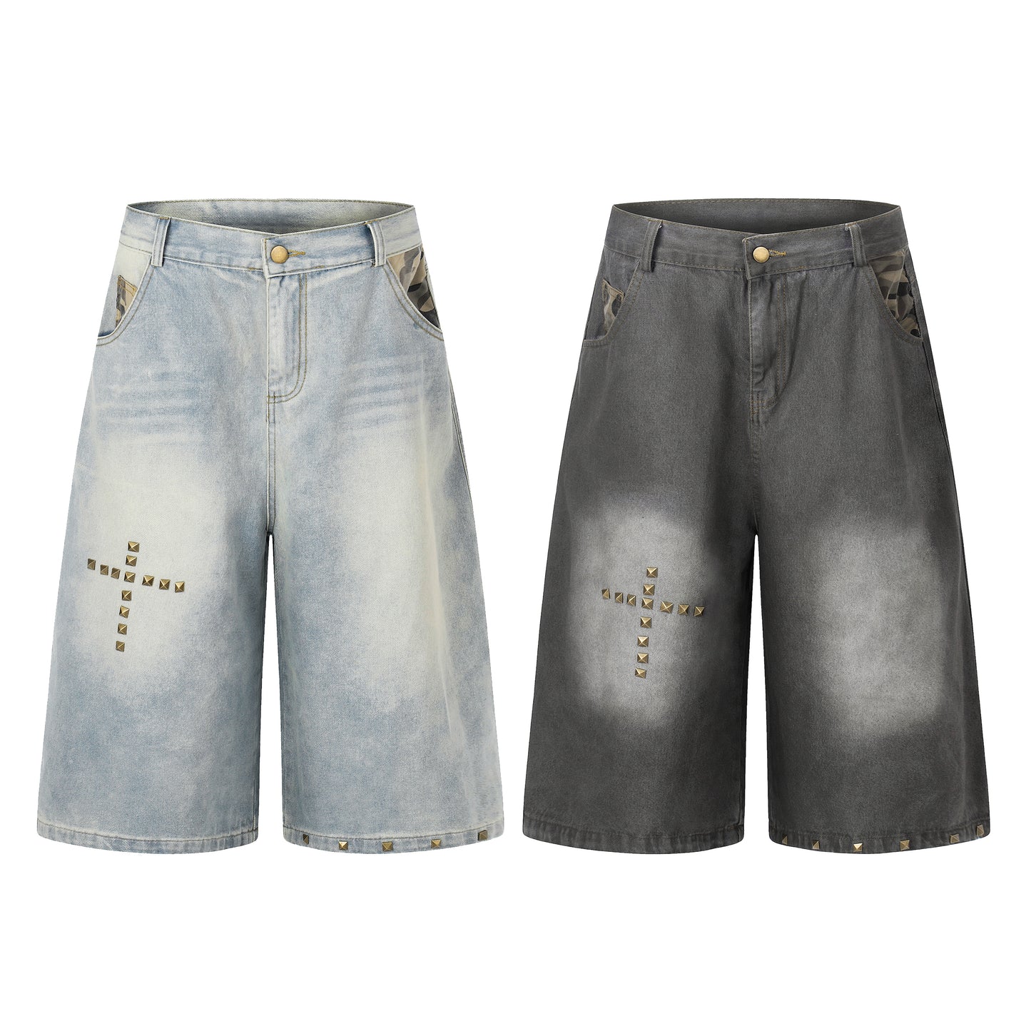 Women's Cross Rivet Camo Patch Wide Leg Denim Shorts - Black Front View