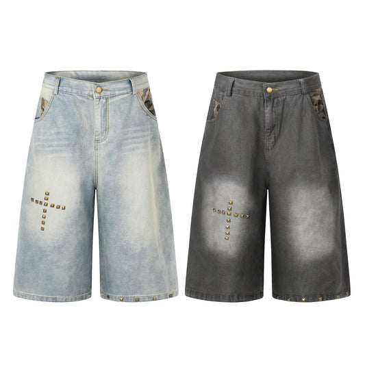 Women's Cross Rivet Camo Patch Wide Leg Denim Shorts - Black Front View