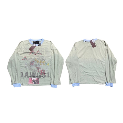 Paly Hollywood JAWCS Linen Cotton Long Sleeve Ringer Tee Sage Green Distressed Rhinestone Print Vintage Streetwear | Jawcs Sage