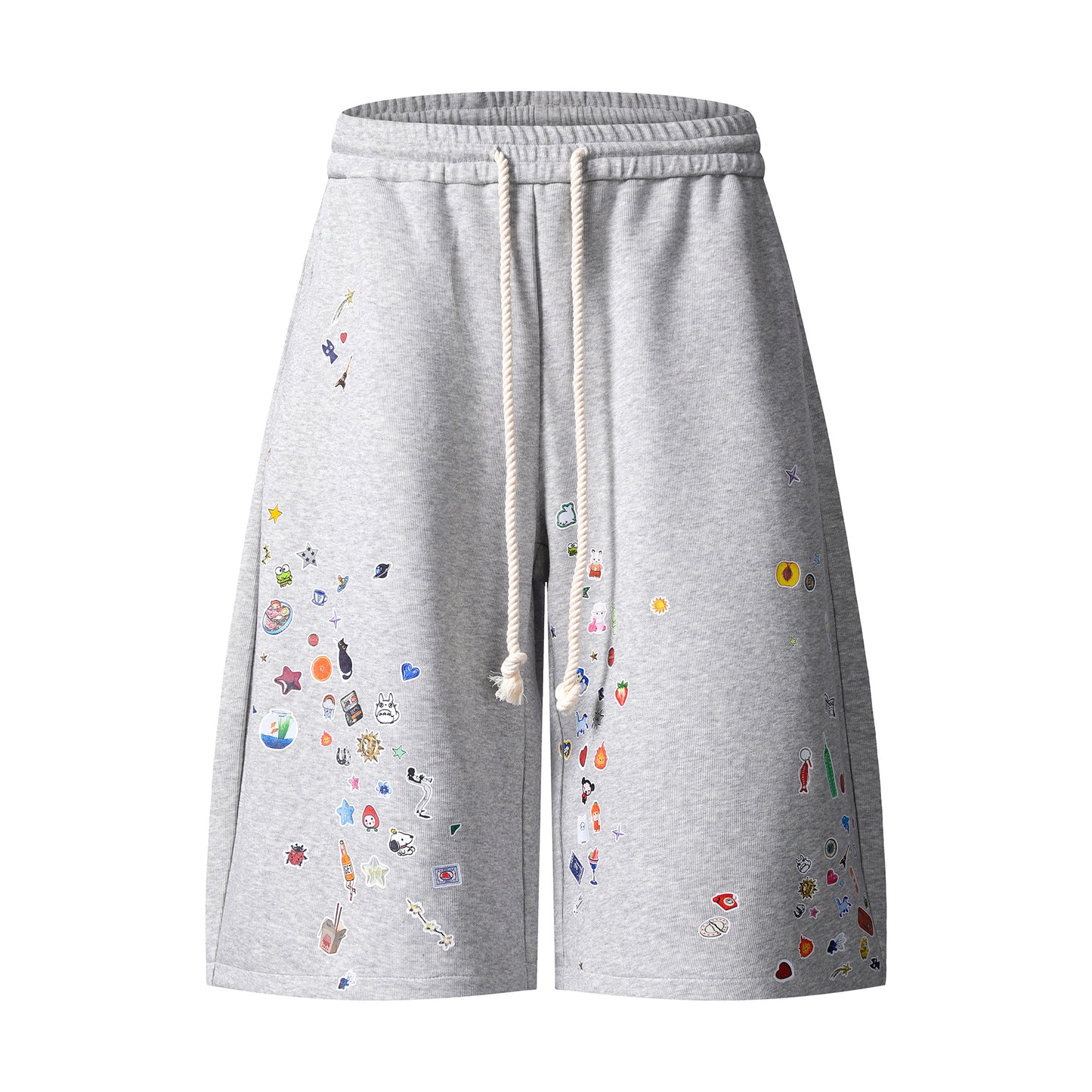 Kawaii Sticker Print Fleece Shorts Wide Leg High Waist Drawstring Sweat Shorts Streetwear Summer Casual | Sticker Bomb