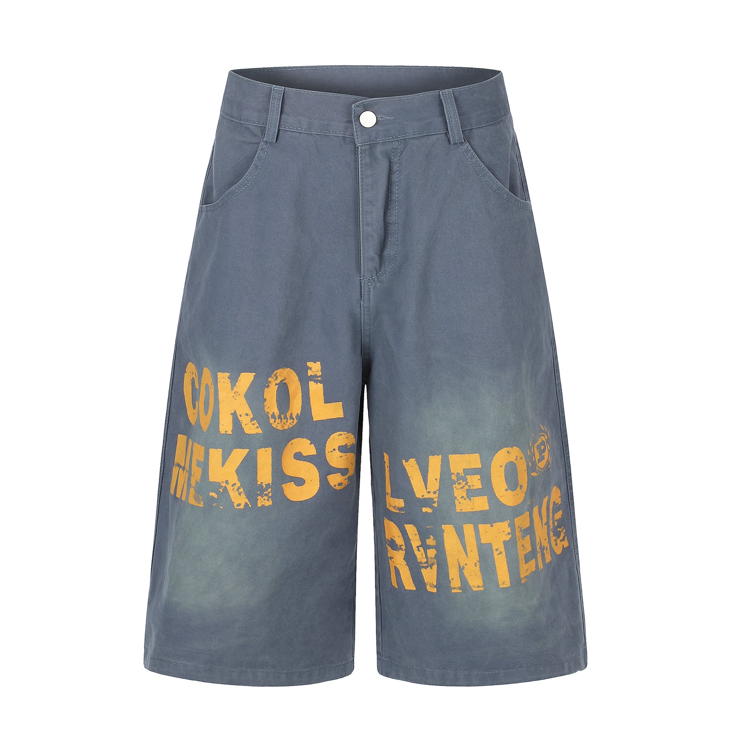 Women's Letter Print Wide Leg Denim Shorts - Blue Front View