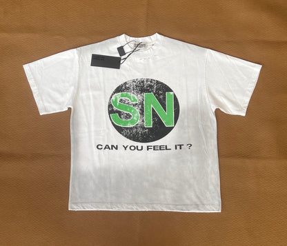 Satoshi Nakamoto SN Circle Logo Can You Feel It Tee Off-White 280g Washed Distressed Torn Collar Raw Edge Streetwear | SN Feel It Tee