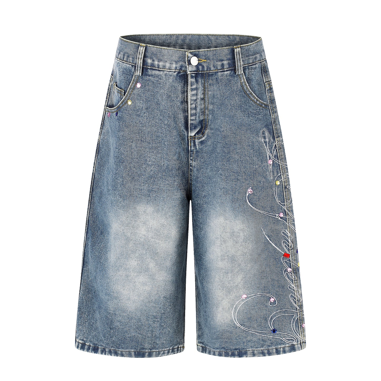 Women's Script Embroidery Rhinestone Wide Leg Denim Shorts High Waist Washed Casual Streetwear Jean Shorts