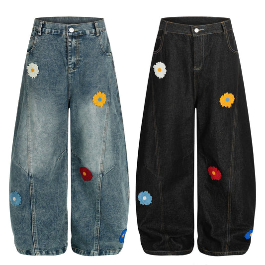 Women's Multicolor Daisy Floral Embroidery Balloon Wide Leg Denim Jeans - Black Front View 2