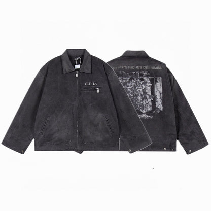 ERD Detroit Canvas Jacket Oversized Washed Denim Collar Zip Up Streetwear Coat Unisex Heavy Distressed | ERD Detroit