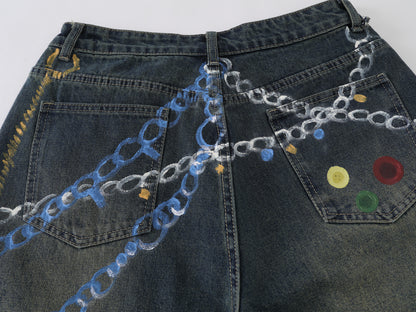 Chain Graphic Print Denim Shorts Wide Leg High Waist Washed Dalmatian Dog Charm Streetwear Summer Casual Jean Shorts | Chain Pup