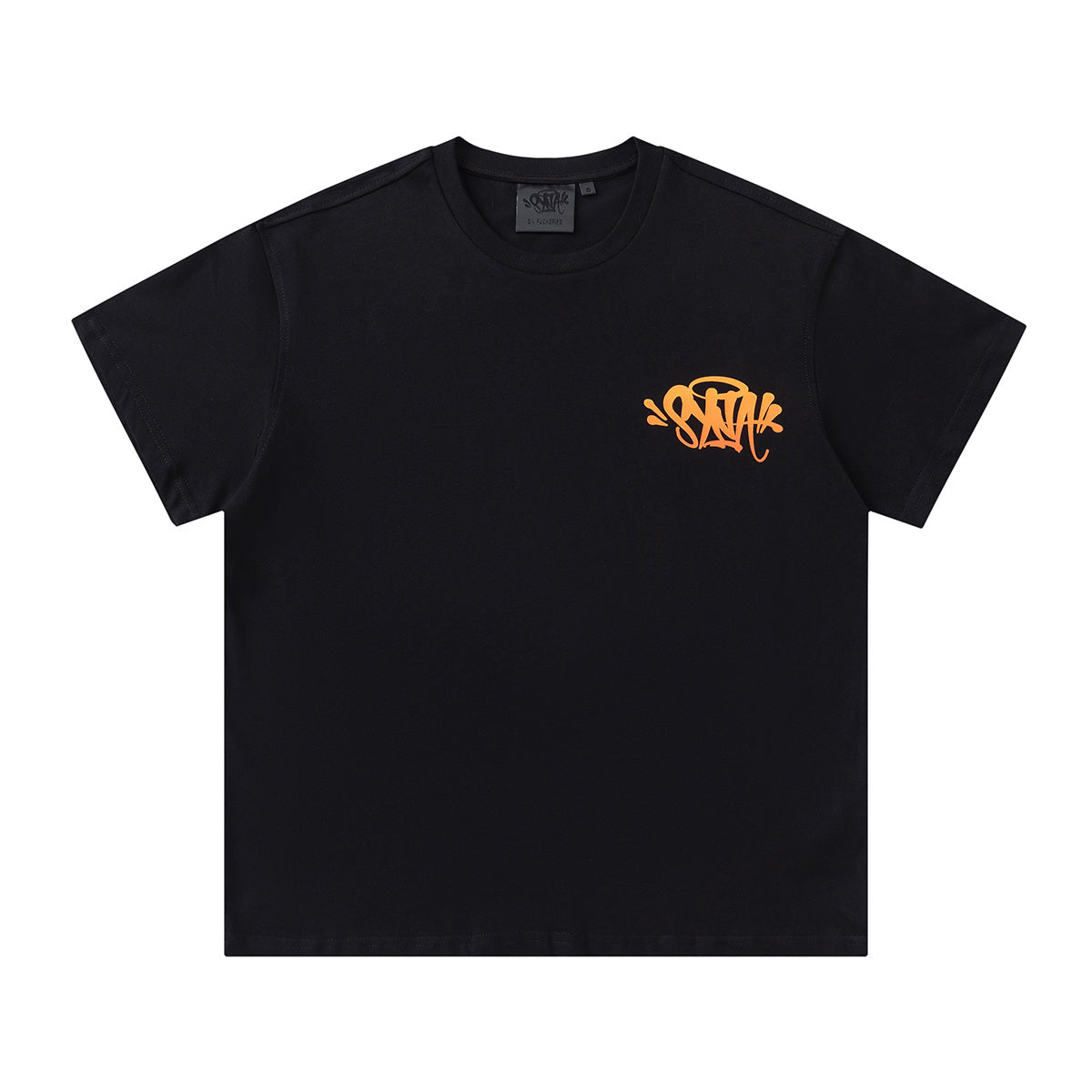 Black SATTAK unisex crew neck T-shirt with orange chest and large back graphic - view 20