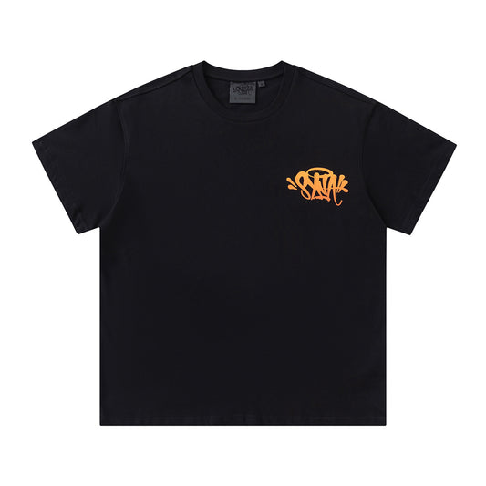 Black SATTAK unisex crew neck T-shirt with orange chest and large back graphic - view 20