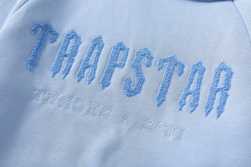 Light blue Trapstar graphic hoodie and matching joggers tracksuit set with drawstrings and zip hems - view 20