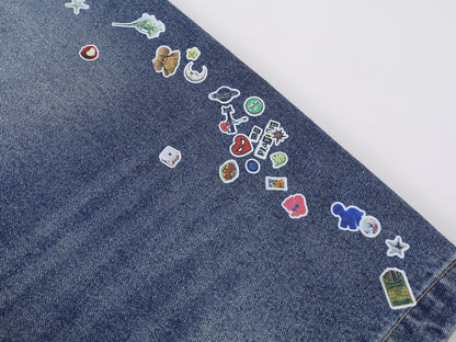 Cartoon Sticker Print Wide Leg Denim Shorts Plaid Handkerchief Waist Detail High Waist Casual Streetwear Baggy Jean Shorts | Sticker Hanky