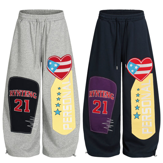 Women's RVNTENG 21 American Flag Heart Patch Balloon Wide Leg Sweatpants - Grey & Navy Side Comparison