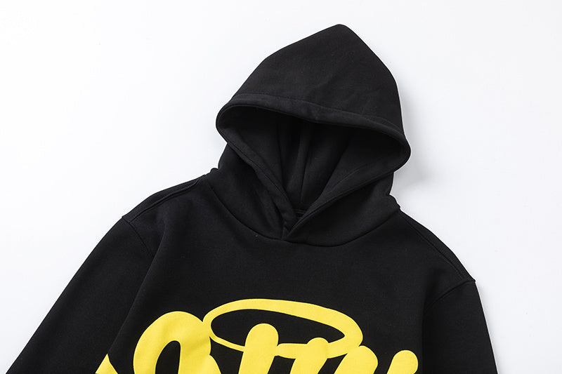 Black hoodie and joggers tracksuit set with bold yellow graffiti-style graphic print - view 20