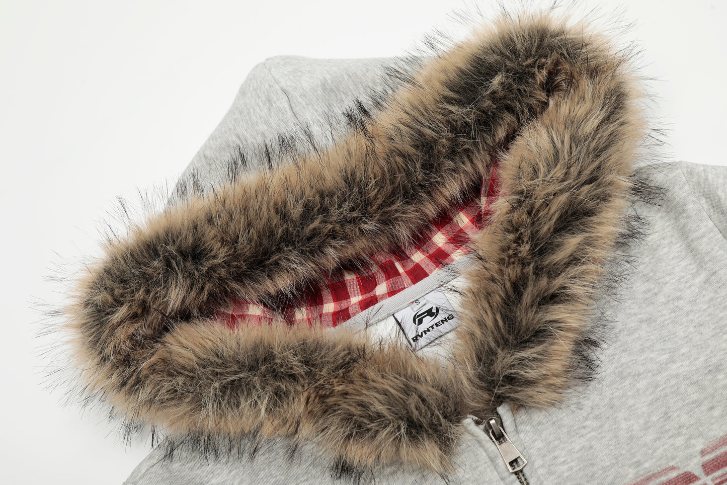 Women's RGIOS Plaid Lined Faux Fur Trim Hood Full Zip Cropped Hoodie Sweatshirt Long Sleeve Y2K Streetwear Jacket
