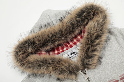Women's RGIOS Plaid Lined Faux Fur Trim Hood Full Zip Cropped Hoodie Sweatshirt Long Sleeve Y2K Streetwear Jacket
