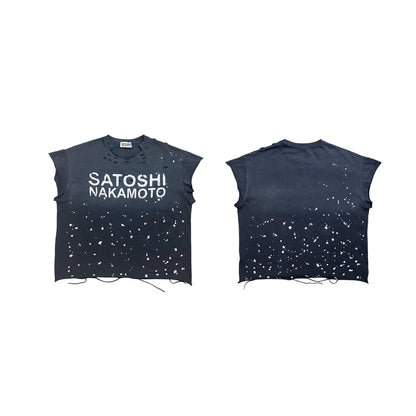 Satoshi Nakamoto Luke Destroyed Sleeveless Tee Splatter Paint Distressed Washed Heavyweight Cotton Vest Streetwear Tank Top | Ink Wreck