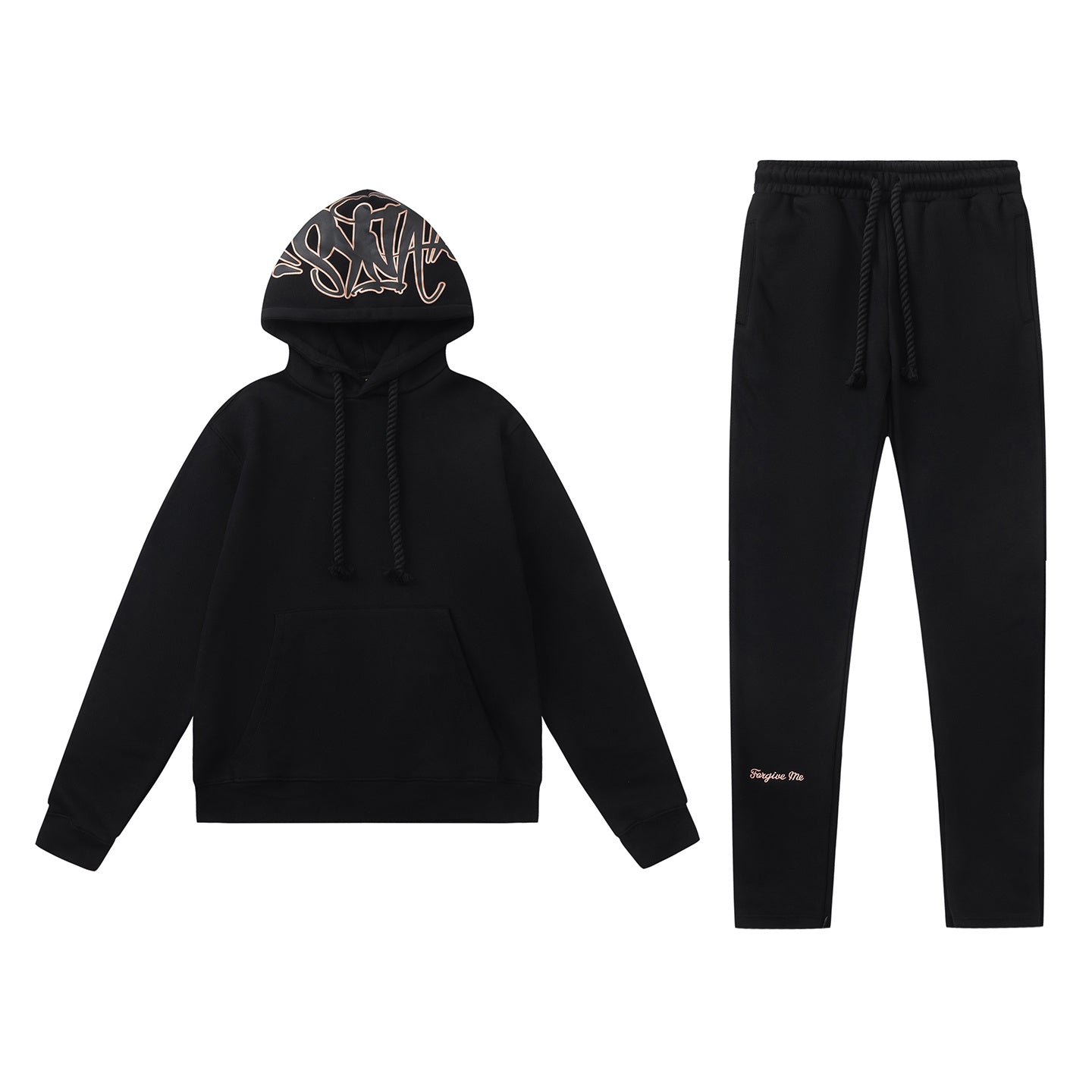 Black hooded sweatshirt and tapered jogger pants set with a graffiti-style hood graphic - view 20