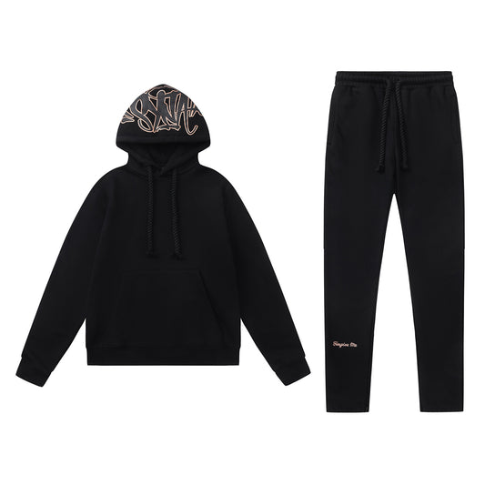 Black hooded sweatshirt and tapered jogger pants set with a graffiti-style hood graphic - view 20