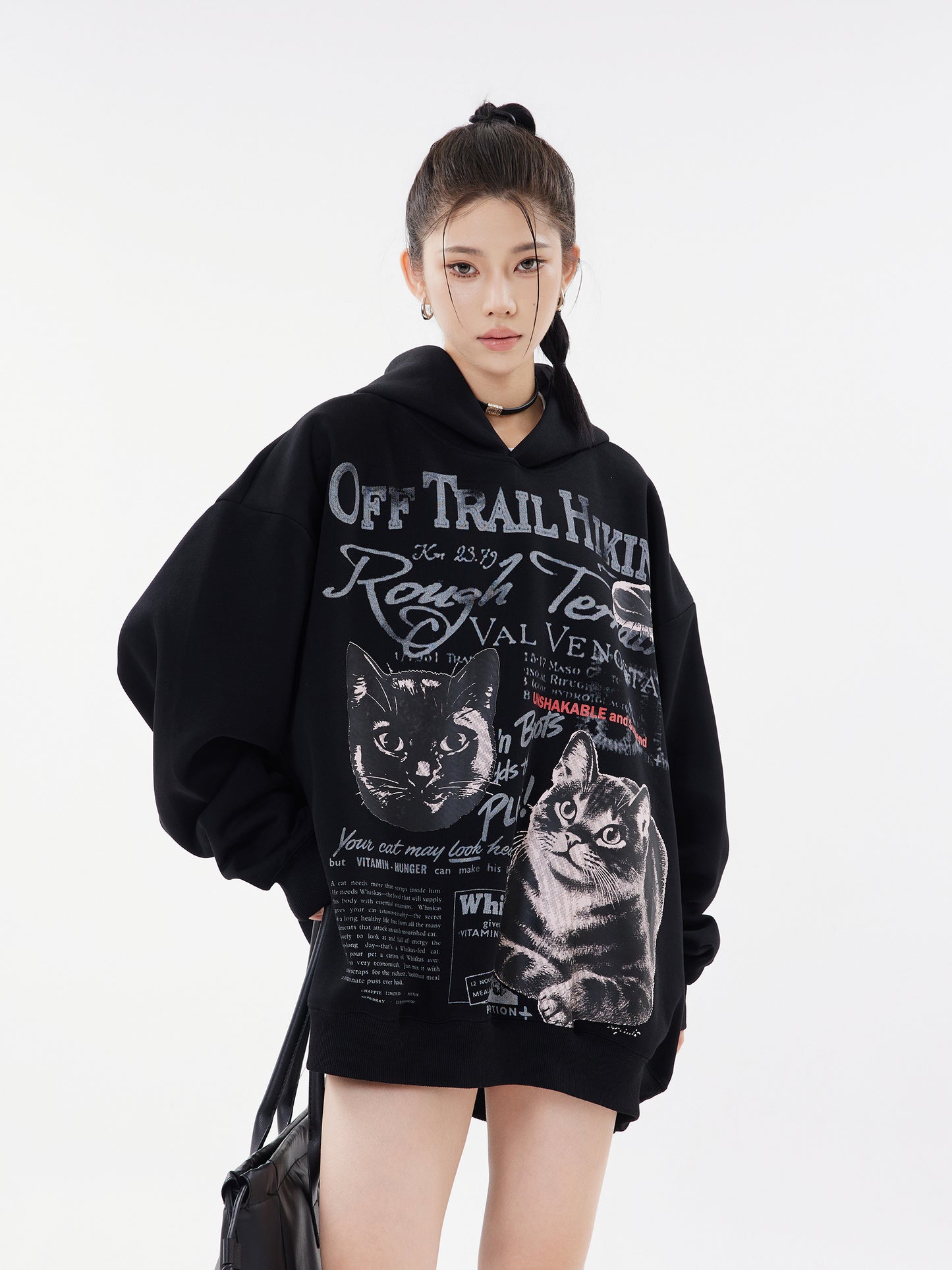Off Trail Hiking Rough Terrain Dual Cat Newspaper Graphic Oversized Hoodie Streetwear Y2K Sweatshirt