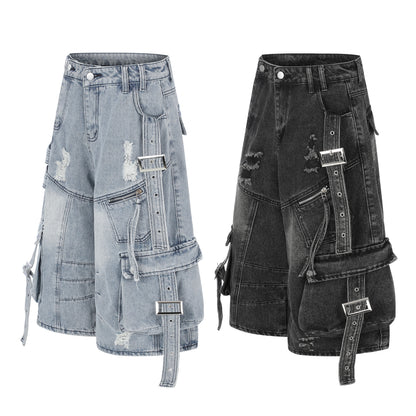 Women's Multi-Pocket Buckle Strap Distressed Denim Shorts High Waist Wide Leg Raw Hem Casual Streetwear Jean Shorts