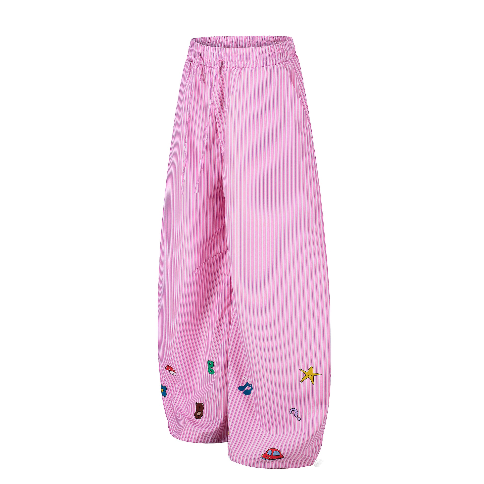 Women's Cartoon Embroidery Pinstripe Balloon Wide Leg Pants - Pink & Blue Comparison