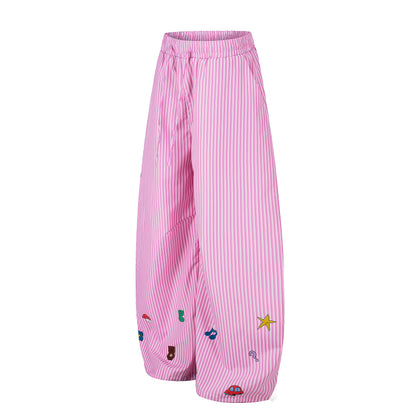 Women's Cartoon Embroidery Pinstripe Elastic Waist Balloon Wide Leg Pants High Waist Casual Summer Trousers