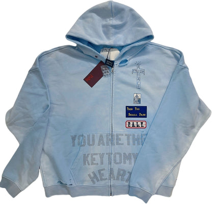 Paly Hollywood You Are The Key Zip Hoodie Washed Gradient Distressed Heavyweight Cotton Oversized Zip-Up Streetwear Sweatshirt | Key Heart
