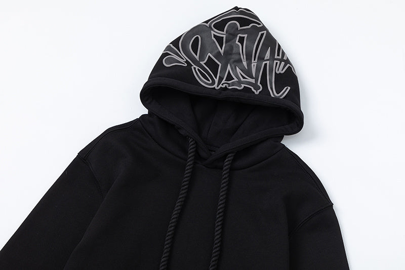 Black graphic hooded sweatshirt and joggers two-piece tracksuit set with outlined hood print - view 21