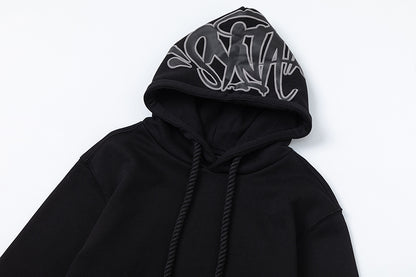 Black Graphic Hoodie and Joggers Tracksuit Set, Two Piece Streetwear Outfit