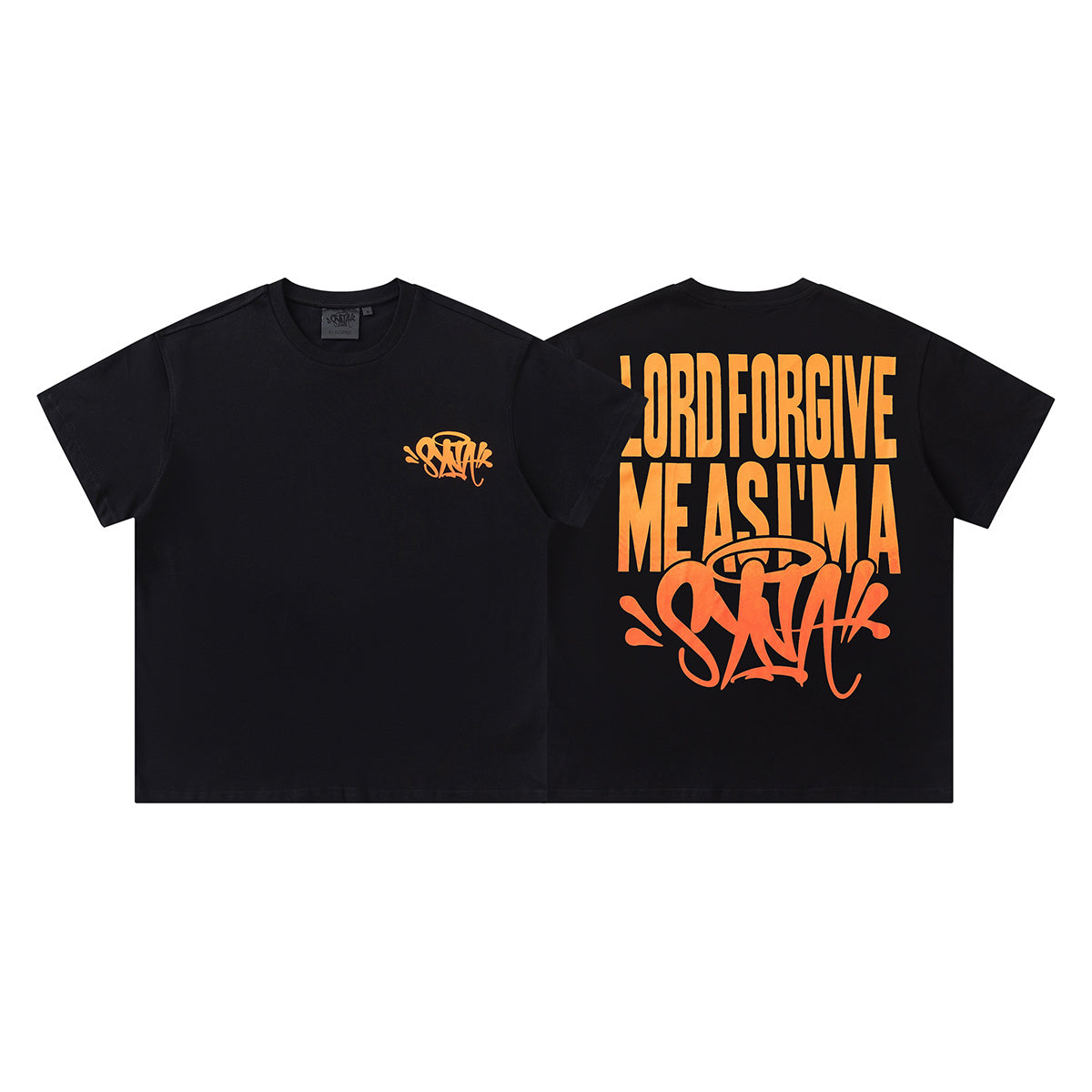 Black SATTAK unisex crew neck T-shirt with orange chest and large back graphic - view 21