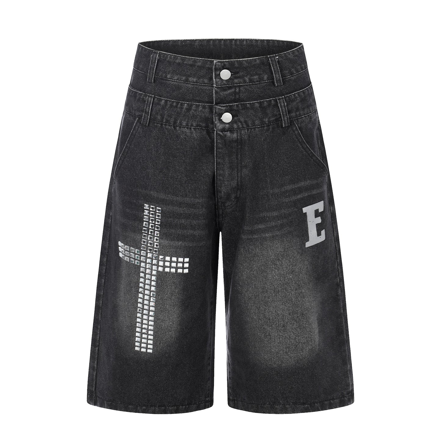 E Letter Cross Rhinestone Denim Shorts - Blue Front Detail
