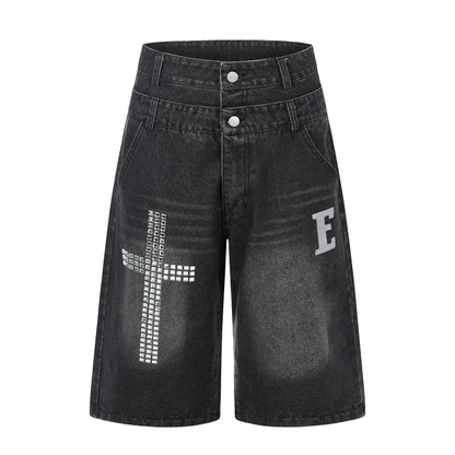 E Letter Cross Rhinestone Denim Shorts Wide Leg High Waist Washed Streetwear Summer Casual Shorts