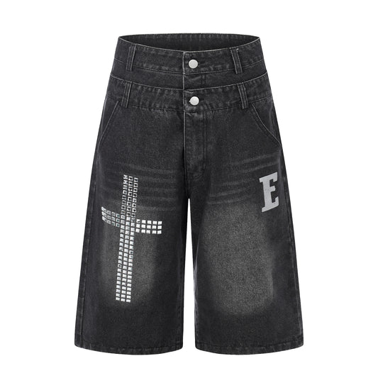 E Letter Cross Rhinestone Denim Shorts - Blue Front Detail