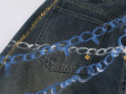 Chain Graphic Print Denim Shorts Wide Leg High Waist Washed Dalmatian Dog Charm Streetwear Summer Casual Jean Shorts | Chain Pup
