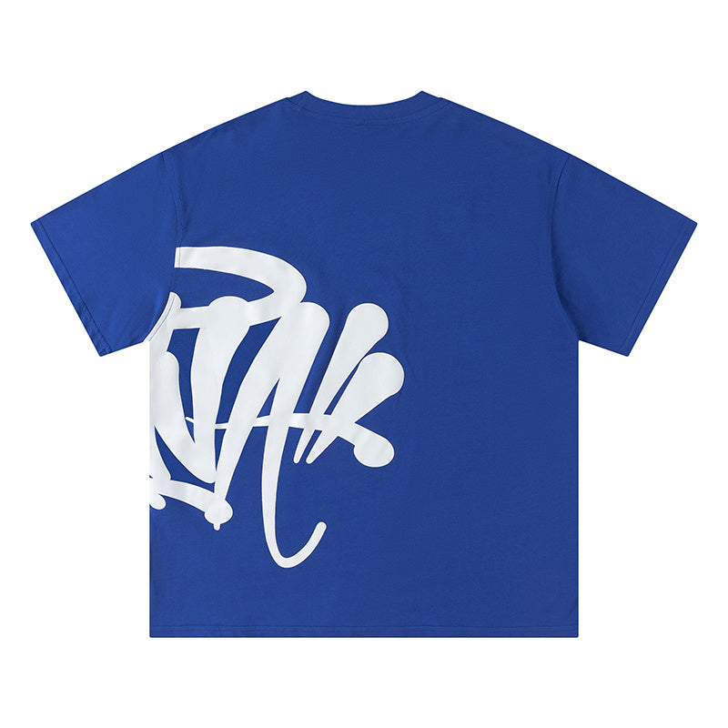 Blue unisex graphic T-shirt and shorts set with crewneck top, elastic waist shorts, and side pockets - view 21