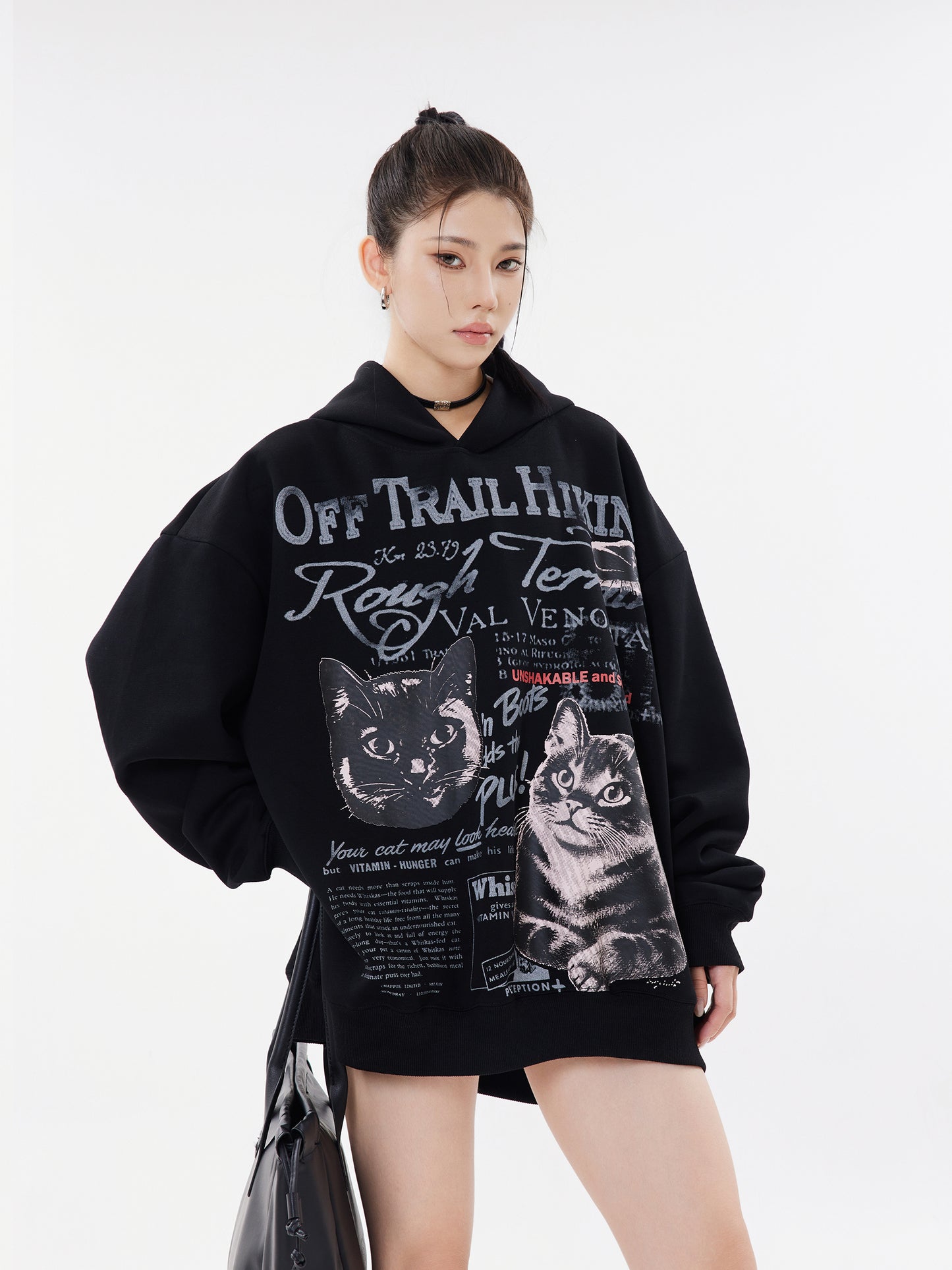 Off Trail Hiking Rough Terrain Dual Cat Newspaper Graphic Oversized Hoodie Streetwear Y2K Sweatshirt