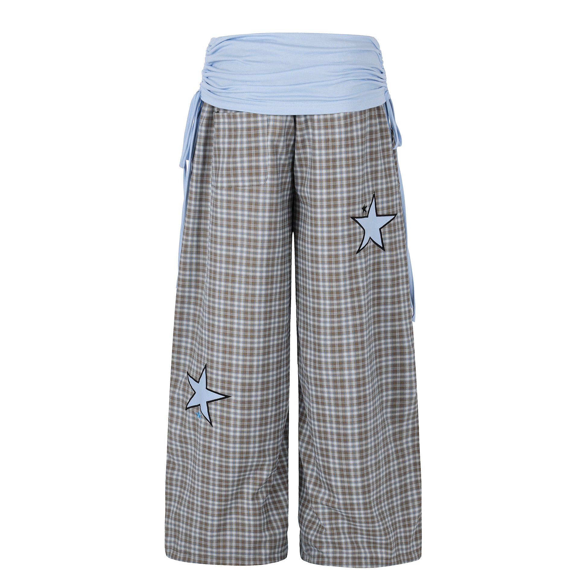 Women's Star Patch Plaid Wide Leg Pants - Blue Side View