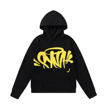 Black and Yellow Graphic Hoodie and Joggers Tracksuit Set, Kangaroo Pocket Two Piece Streetwear Outfit