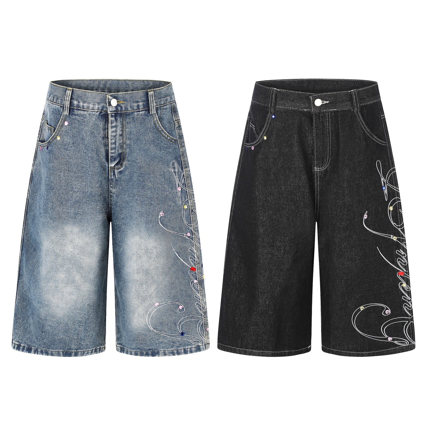 Women's Script Embroidery Rhinestone Wide Leg Denim Shorts - Blue & Black Detail