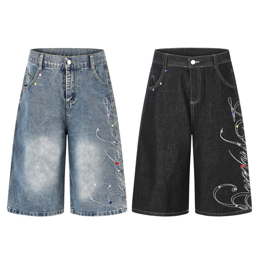 Women's Script Embroidery Rhinestone Wide Leg Denim Shorts - Blue & Black Detail