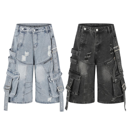 Women's Multi-Pocket Buckle Strap Distressed Denim Shorts High Waist Wide Leg Raw Hem Casual Streetwear Jean Shorts