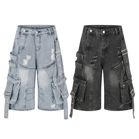 Women's Multi-Pocket Buckle Strap Distressed Denim Shorts High Waist Wide Leg Raw Hem Casual Streetwear Jean Shorts
