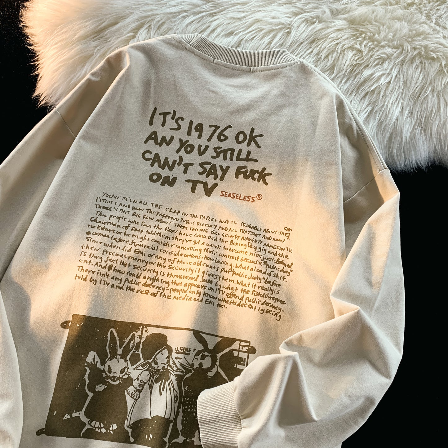 Senseless 1976 Punk Slogan Graphic Oversized Tee Grunge Rabbit Print Streetwear Short Sleeve T-Shirt