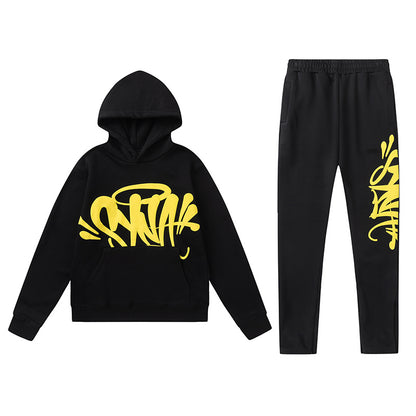Black and Yellow Graphic Hoodie and Joggers Tracksuit Set, Kangaroo Pocket Two Piece Streetwear Outfit