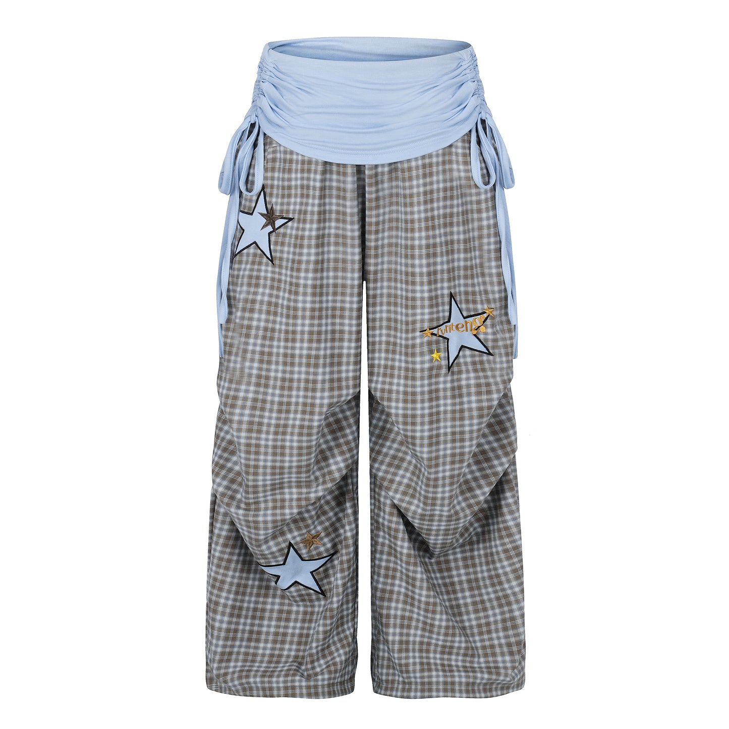 Women's Star Patch Plaid Wide Leg Pants - Blue Back View