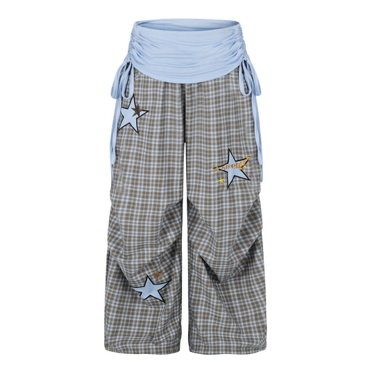 Women's Star Patch Plaid Wide Leg Pants - Blue Back View