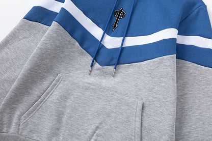 Blue and Gray Chevron Hoodie and Joggers Tracksuit Set, Drawstring Two Piece Streetwear Outfit